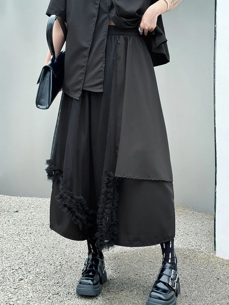 Big Size Black Irregular Shirt Mesh Pants Two Piece Suit New Lapel Short Sleeve Women Fashion Spring Summer 2025 1DJ1371