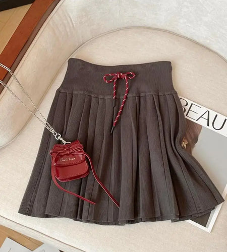 Korean Version Women Black Beige Sexy Club Vacation Short Skirt Autumn Winter Brown High Waist Drawstring Lace-up Pleated Skirts
