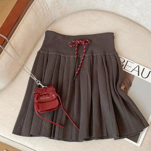 Load image into Gallery viewer, Korean Version Women Black Beige Sexy Club Vacation Short Skirt Autumn Winter Brown High Waist Drawstring Lace-up Pleated Skirts
