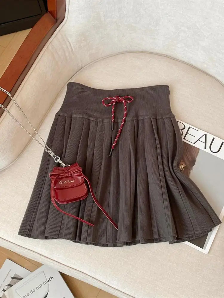 Korean Version Women Black Beige Sexy Club Vacation Short Skirt Autumn Winter Brown High Waist Drawstring Lace-up Pleated Skirts