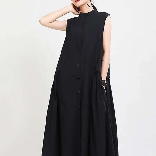 Load image into Gallery viewer, Women Khaki Split Pleated Long  Dress New Stand Collar Sleeveless Loose Fit Fashion Tide Spring Summer 2025 1Y353
