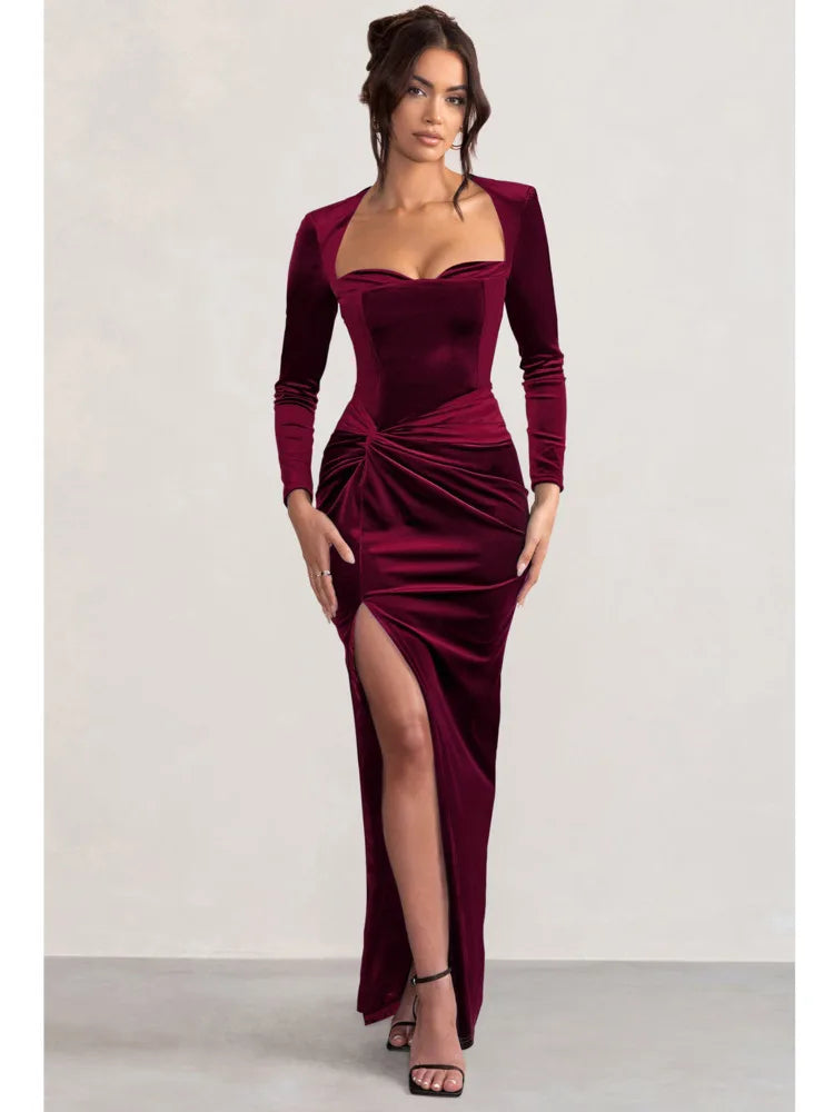 Sexy Velvet Elastic Tight Long Sleeved Dress Elegant Bodycon Slit Party Evening Dress Autumn/winter 2025New Slim Vestido