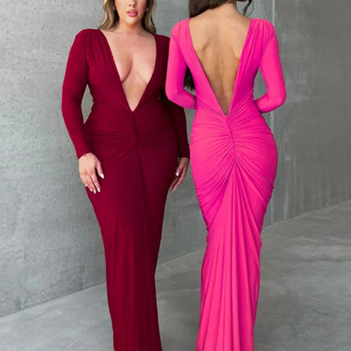 Load image into Gallery viewer, Deep V Neck Ruched Maxi Dress Women Gown Autumn New Long Sleeve Backless Bodycon Sexy Party Evening Dress Vestidos
