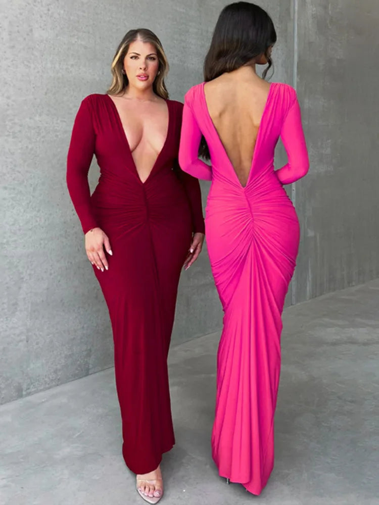 Deep V Neck Ruched Maxi Dress Women Gown Autumn New Long Sleeve Backless Bodycon Sexy Party Evening Dress Vestidos