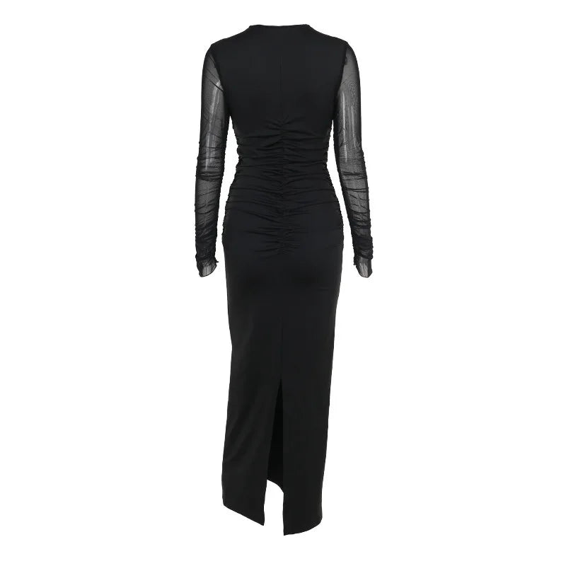 Black Sexy Maxi Dress Women Autumn New Sheer Mesh Long Sleeve Slim Fit Dress Ladies Elegant Bodycon Dresses Clubwear