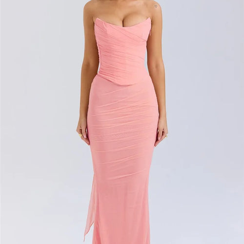 Load image into Gallery viewer, Wine Red Sexy Two Piece Sets Women Neckerchief Strapless Crop Tops And Maxi Skirt Sets Club Party Skirt Two Piece Sets
