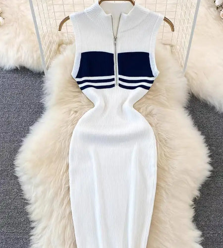Sexy Women's Black White Stripes Patchwork Zippers Knitted Vest Dress 2024 Spring Summer Office Sleeveless Slim Party Midi Dress