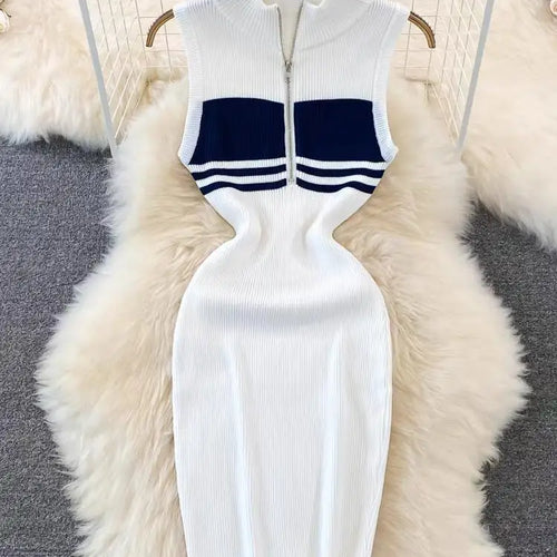 Load image into Gallery viewer, Sexy Women's Black White Stripes Patchwork Zippers Knitted Vest Dress 2024 Spring Summer Office Sleeveless Slim Party Midi Dress
