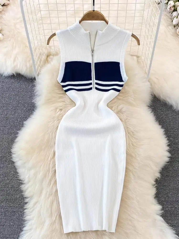 Sexy Women's Black White Stripes Patchwork Zippers Knitted Vest Dress 2024 Spring Summer Office Sleeveless Slim Party Midi Dress