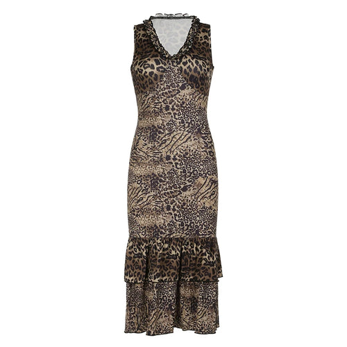 Load image into Gallery viewer, Vintage Fashion Elegant Leopard Party Dress Female Ruched Tirtted Y2K Aesthetic Club Summer Midi Dress Sleeveless New
