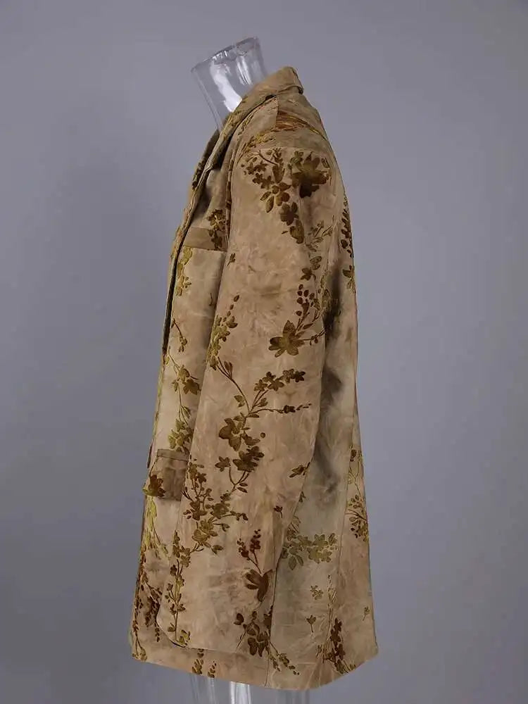 Women Yellow Jacquard Flower Vintage Big Size Blazer New Lapel Long Sleeve Jacket Fashion Tide Spring Autumn 2025 CPG2783