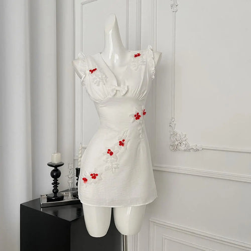 Load image into Gallery viewer, French Vintage Women's White Flower V Neck Elegant Holiday Short Vest Dress Summer Brown Sleeveless Ruffles Party Dress New Chic
