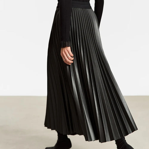Load image into Gallery viewer, Minimalist Retro Fashion Women Skirts 2024 Winter New A-line Pleated PU Simple Office Lady Leather Skirt Female 12323021
