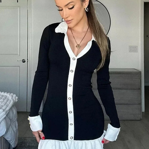 Load image into Gallery viewer, Autumn Winter Knitted Dress Sexy Black Hollow Out Bow Dress Stand Collar Women Long Sleeve Slim Party Dresses
