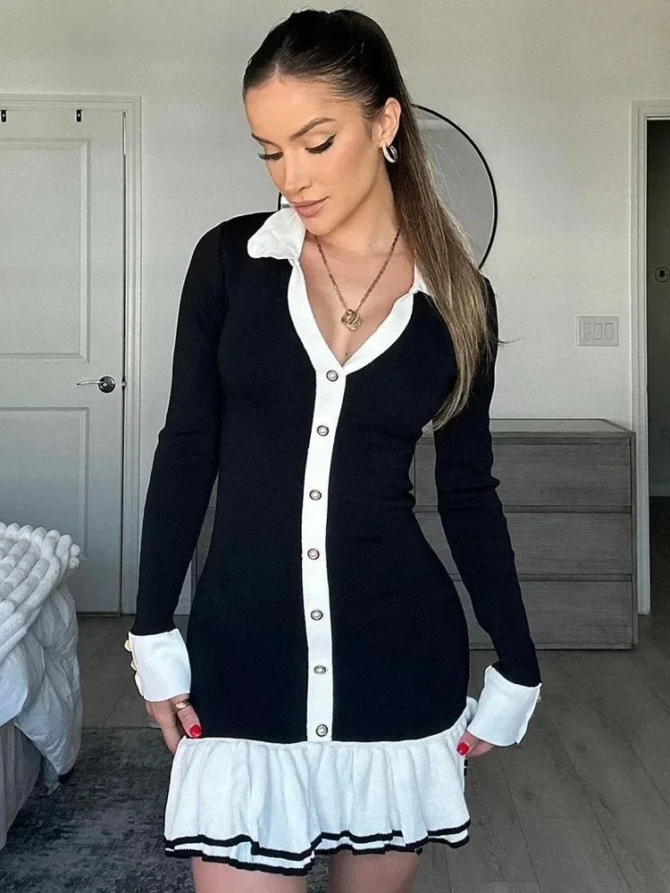 Autumn Winter Knitted Dress Sexy Black Hollow Out Bow Dress Stand Collar Women Long Sleeve Slim Party Dresses