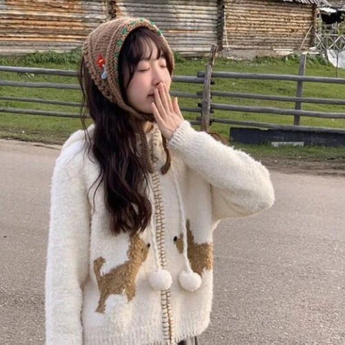 Load image into Gallery viewer, Y2k Aesthetic Streetwear Cartoon  Knitted Hooded Cardigan Fashion Casual Women Zipper Coats Japanese Sweet All Match Loose Tops
