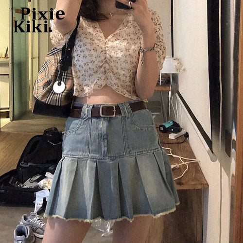 Load image into Gallery viewer, Denim High Waisted Mini Pleated Skirts Vintage Y2k 2000s Teen Girl Clothes Blue Jean Skirt P71-BI42
