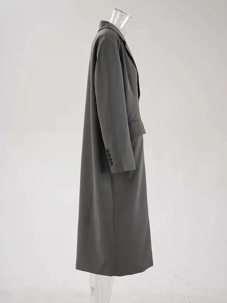 Women Gray Button Design Big Size Long Elegant Blazer New Lapel Long Sleeve Jacket Fashion Tide Spring Autumn 2025 CPDB250