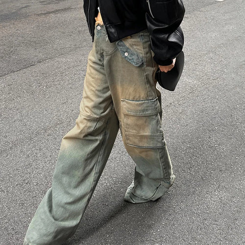 Load image into Gallery viewer, Vintage Aesthetic Y2K Washed Burr Cargo Jean Female Pockets Harajuku 2000s Pockets Denim Pants Straight Leg Trousers
