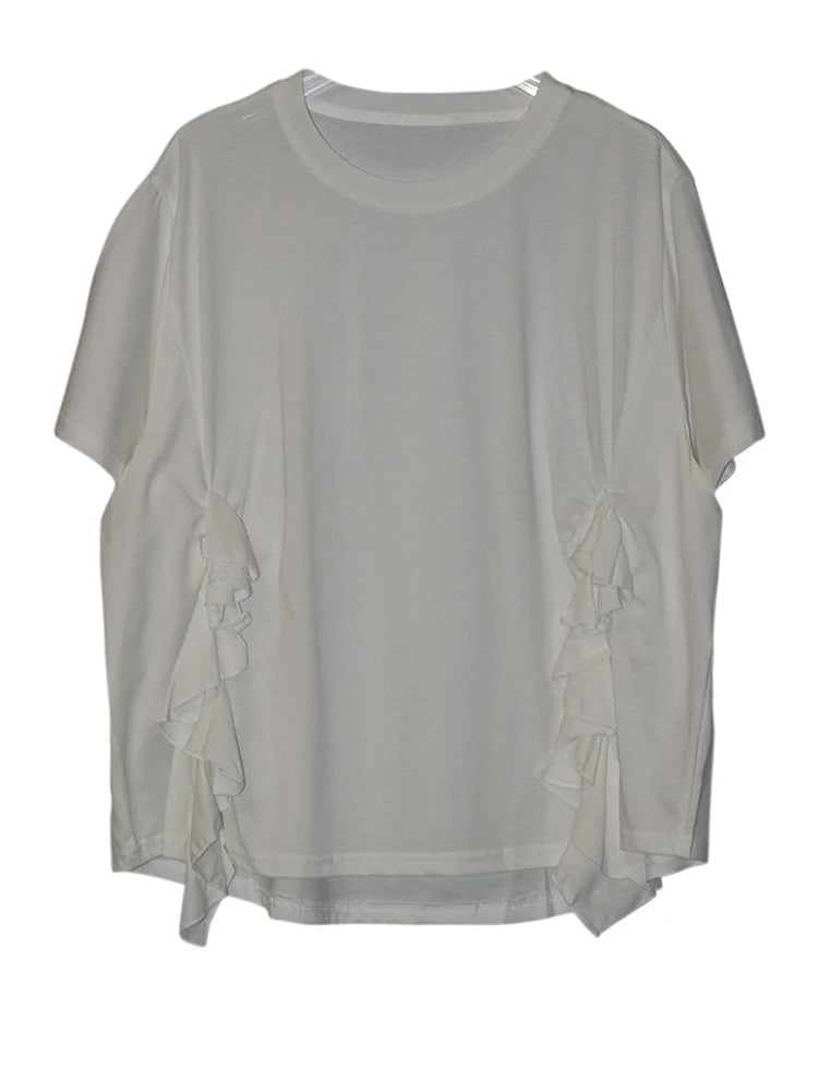 Women Black Ruffles Irregular Big Size Casual T-shirt New Round Neck Short Sleeve Fashion Tide Spring Summer 2025 1DJ0484
