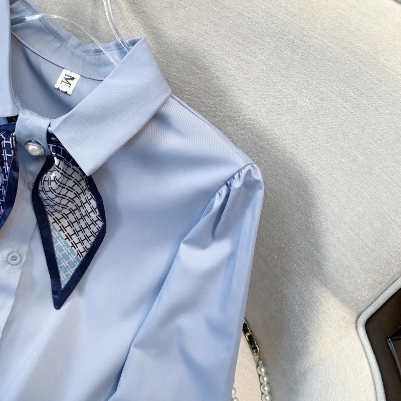 Spring Blue Versatile Blouse White Fashion Women Elegant Tops Casual Ladies Beige Long Sleeve Single Breasted Shirt Popular Chic