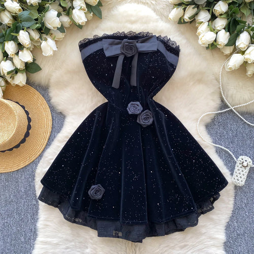 Load image into Gallery viewer, French Women Black Patchwork Bow Backless Birthday Party Strapless Short Dress Summer Red Velvet Flower Decorate Pleated Dresses
