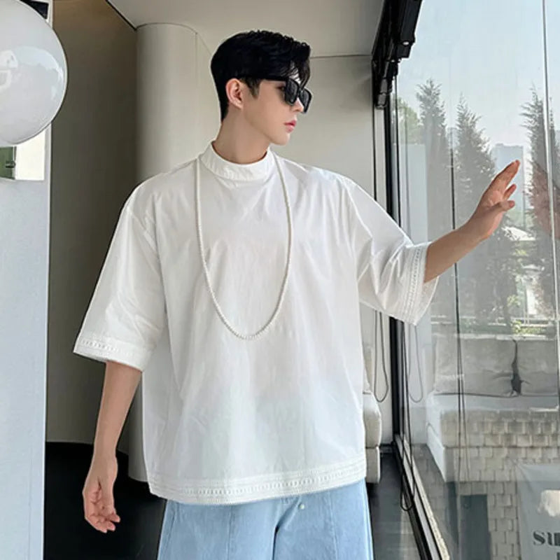 T-shirt Men's Summer Original Design Ribbon Splicing Solid Color Tees Fashion Trend O-neck Short Sleeve Top 9C5853