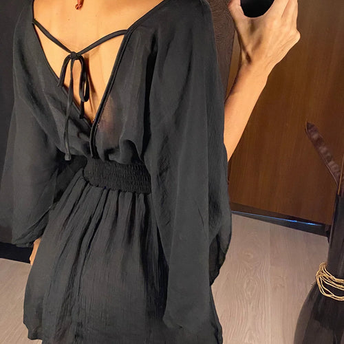 Load image into Gallery viewer, Sexy V Neck Long Sleeve Backless Chiffon Tunic Beach Cover Up Beach Cover-ups Beach Dress Beach Wear Beachwear V3840
