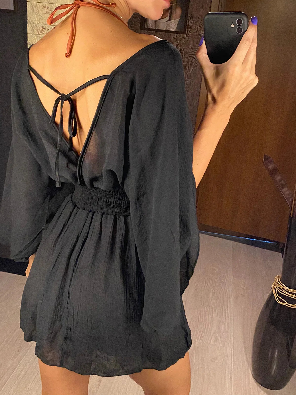 Sexy V Neck Long Sleeve Backless Chiffon Tunic Beach Cover Up Beach Cover-ups Beach Dress Beach Wear Beachwear V3840