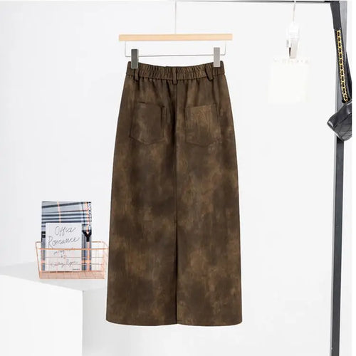 Load image into Gallery viewer, Retro 2024 Autumn Black Sexy Slim Women Split Pu Leather Skirts Fashion Brown Elegant High Waist Versatile Wrap Hip Midi Skirt
