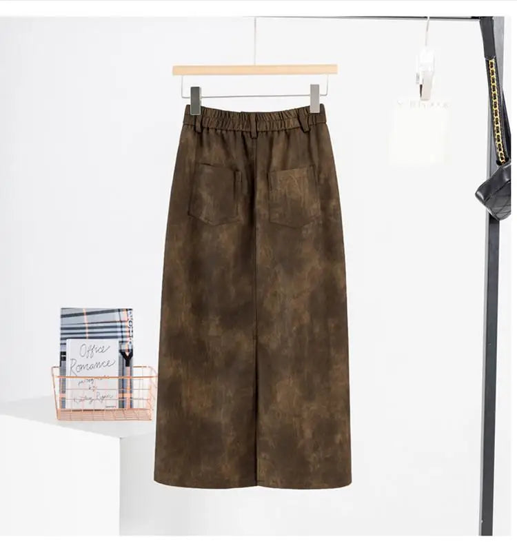 Retro 2024 Autumn Black Sexy Slim Women Split Pu Leather Skirts Fashion Brown Elegant High Waist Versatile Wrap Hip Midi Skirt