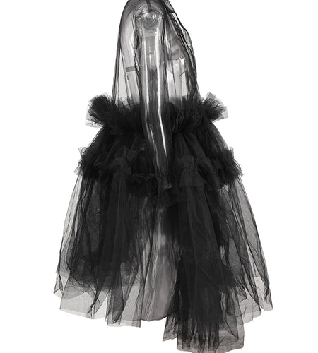 Women Black Mesh Ruffles Perspective Long Blazer New Lapel Long Sleeve Jacket Fashion Tide Spring Summer 2025 CPDB110