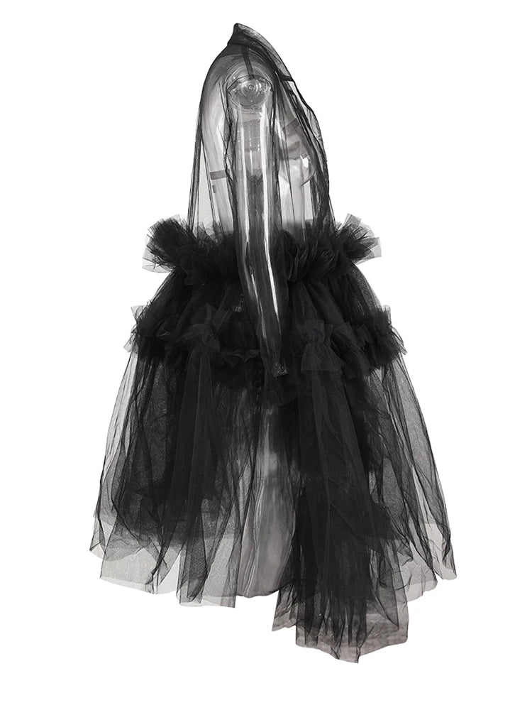 Women Black Mesh Ruffles Perspective Long Blazer New Lapel Long Sleeve Jacket Fashion Tide Spring Summer 2025 CPDB110