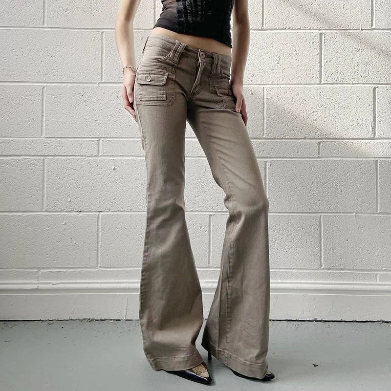 Streetwear Y2K New Flared Slim Jeans Women Multi Pockets Low Waist Harajuku Denim Trousers Full Length Bottoms Denim