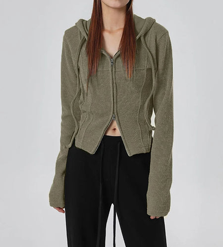 Harajuku Knit Ribbed Bodycon Zip-up Jacket Women Long Sleeve Spring Autumn Coat Hooded Casual Japanese Stitch Hoodies