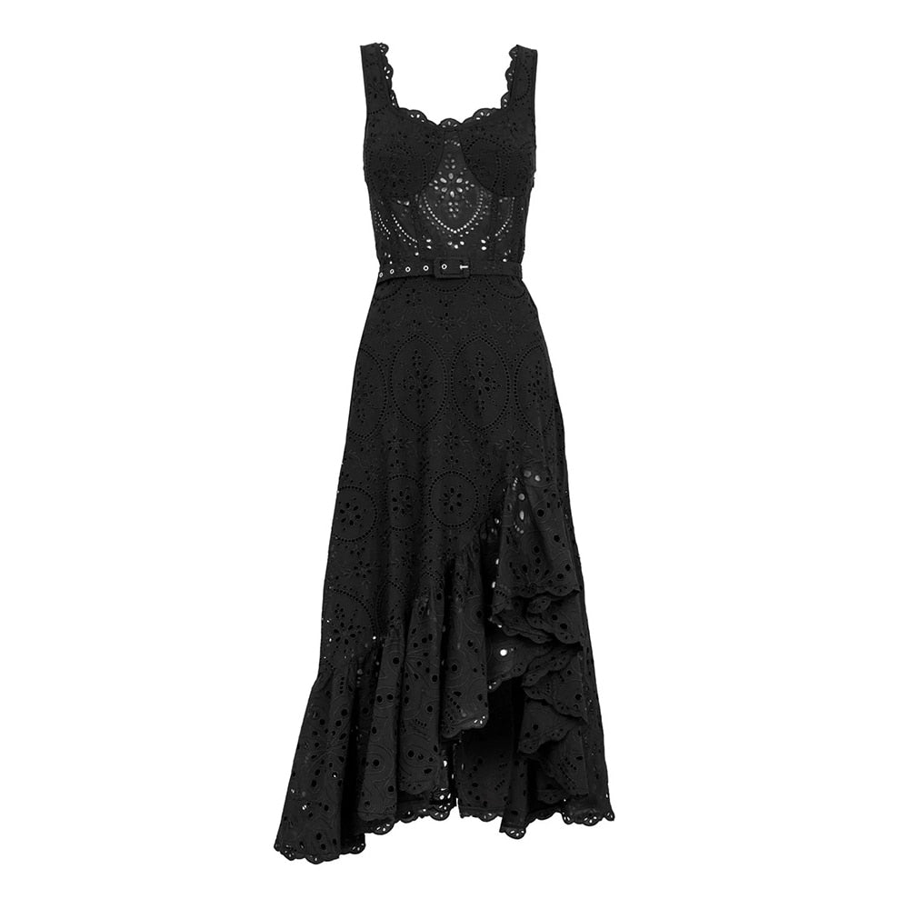 Slim Embroidery Dresses For Women Square Collar Sleeveless High Waist Backless Print Dress Female Fashion