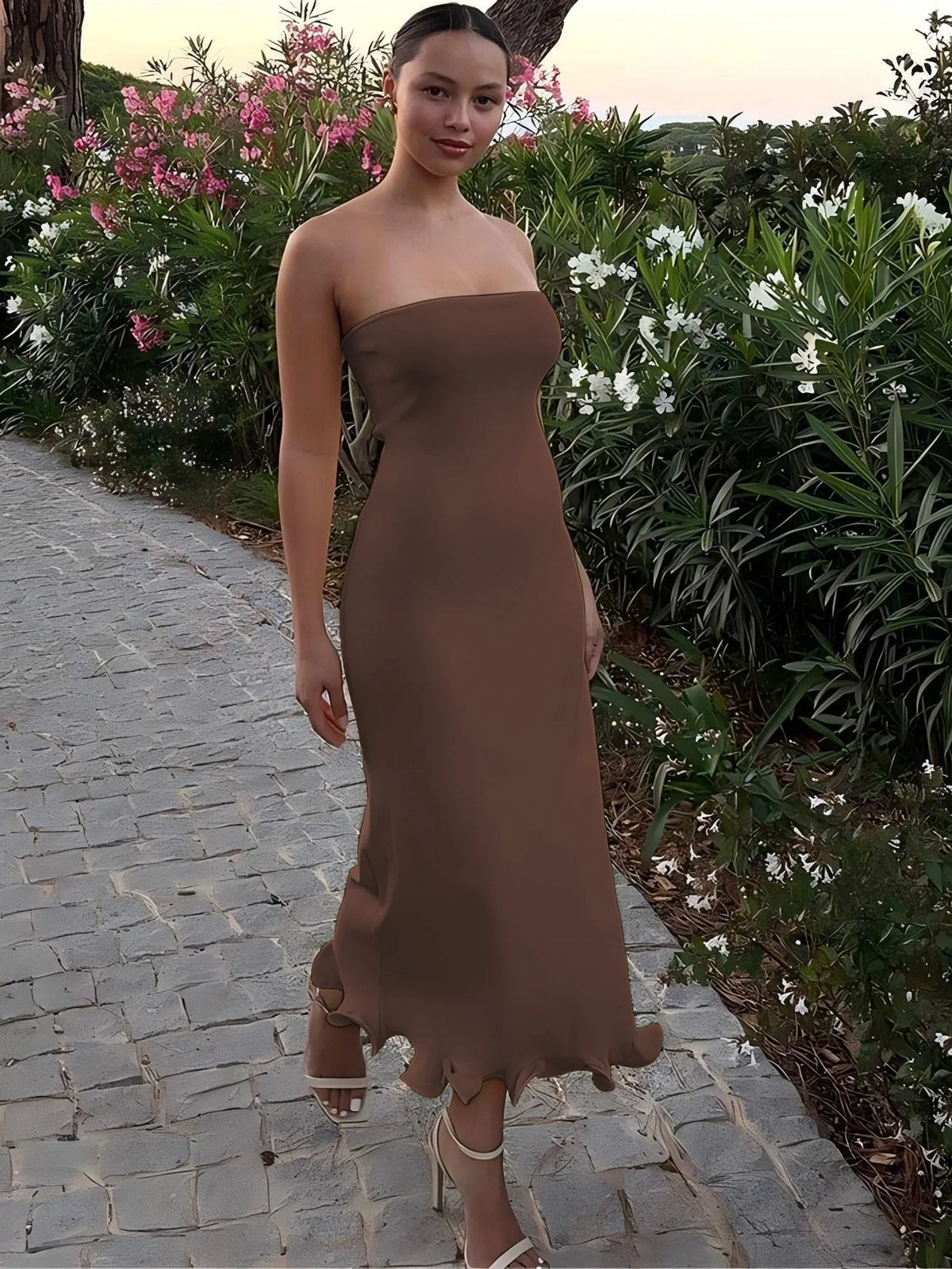 Elegant Solid Strapless Ruffles Sexy Bodycon Maxi Prom Dress Summer Women Fashion Outfit Birthday Party Festival