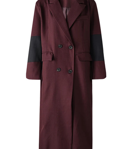 Women Red Color-block Big Size Long Elegant Blazer New Lapel Long Sleeve Jacket Fashion Tide Spring Autumn 2025 26C1609