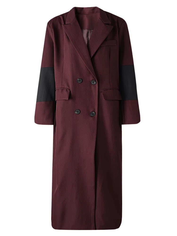 Women Red Color-block Big Size Long Elegant Blazer New Lapel Long Sleeve Jacket Fashion Tide Spring Autumn 2025 26C1609