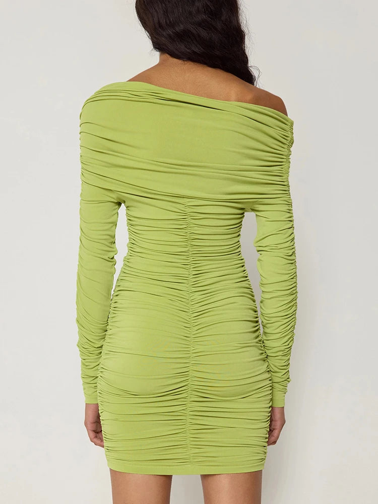 Inclined Shoulder Long Sleeve Sexy Mini Dress For Women Autumn New Fashion Backless Ruched Bodycon Party Sexy Dress