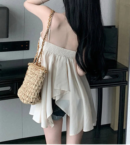 y2k Summer Tops for Women Solid Color V Neck Spaghetti Strap Sleeveless Asymmetrical Hem Camisole 2000s Clothing﻿