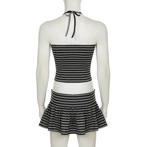 Load image into Gallery viewer, Casual Striped Contrast Color Tow Piece Sets Women's Summer Mini Slim Lace-Up Halter Camis+Super Short Skirts Outfits
