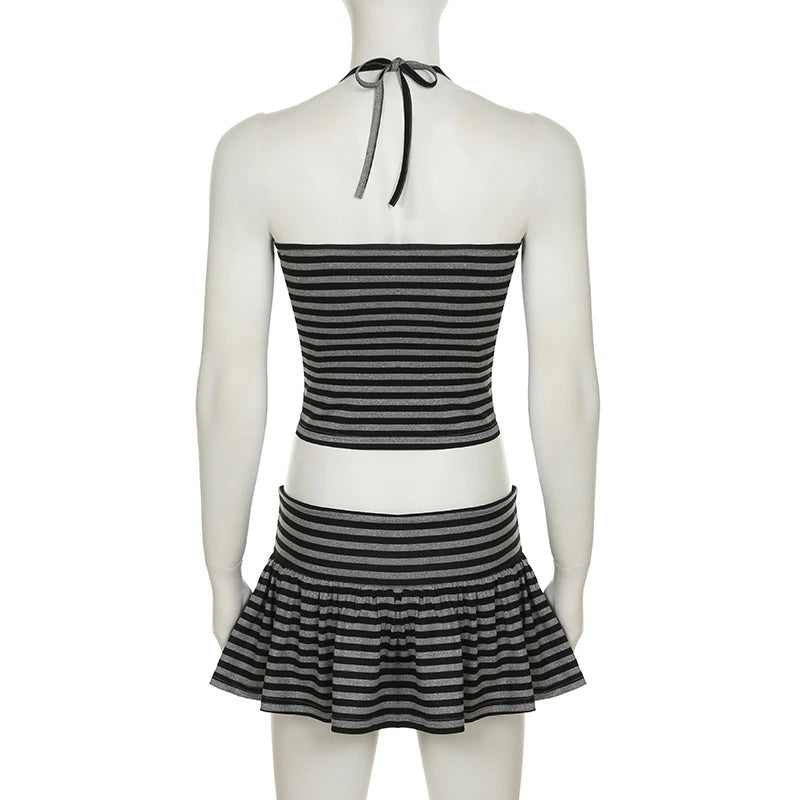 Casual Striped Contrast Color Tow Piece Sets Women's Summer Mini Slim Lace-Up Halter Camis+Super Short Skirts Outfits