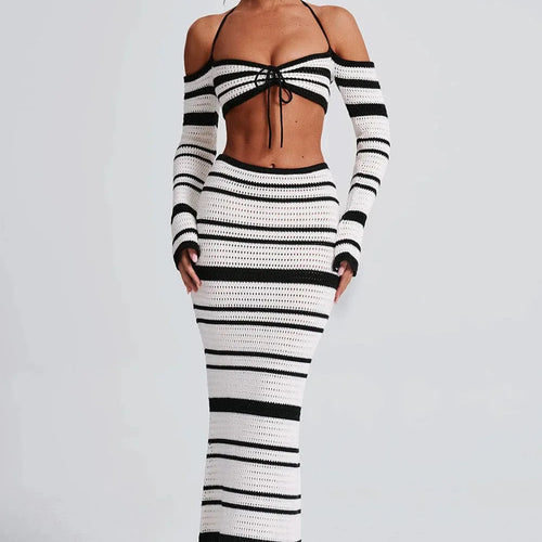 Load image into Gallery viewer, Sexy Knitted Sweater Women Set 2024 New Striped Long Sleeved Hanging Collar Skirt Two-piece Set Party Vacation Beachwear
