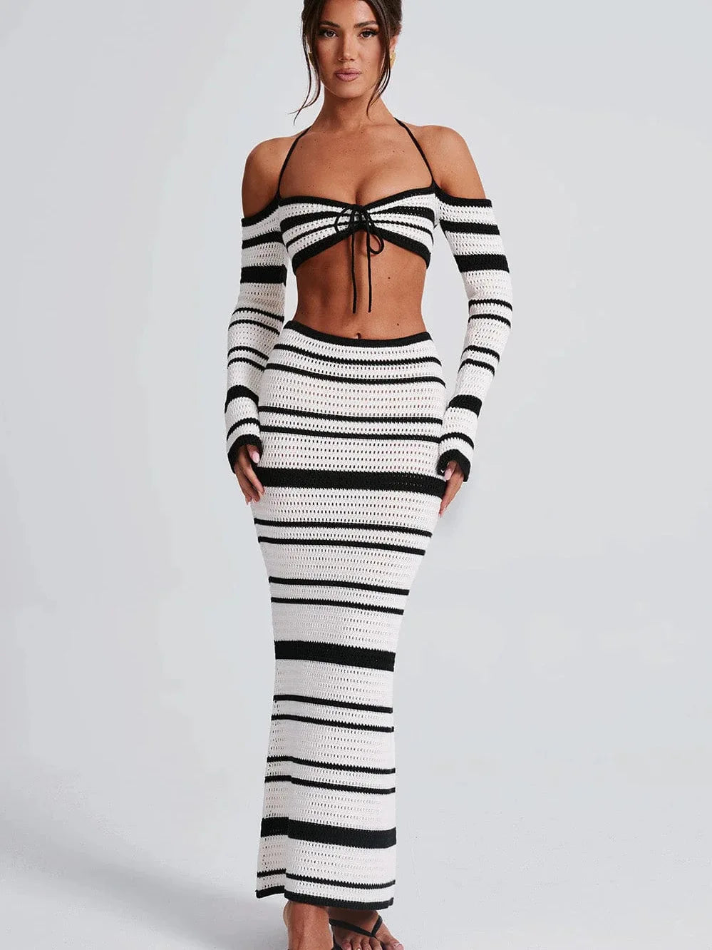 Sexy Knitted Sweater Women Set 2024 New Striped Long Sleeved Hanging Collar Skirt Two-piece Set Party Vacation Beachwear