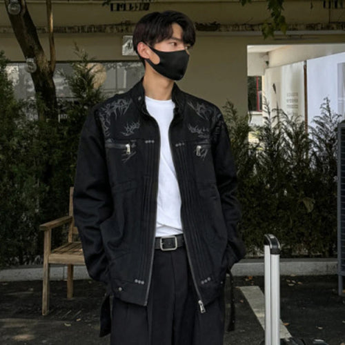 Load image into Gallery viewer, Printing Men&#39;s Denim Jackets Stand Collar Zipper Pactchwork Contrast Color Washed Autumn Trendy Male Coat Streetwear 9C9064
