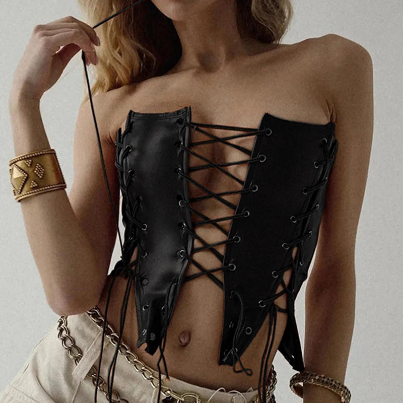 Streetwear Punk Gothic PU Leather Top Sexy Corset Bandage Split Fashion Clubwear Party Tube Top Strapless Grunge Hot