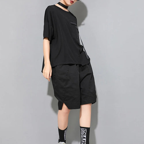 Load image into Gallery viewer, Women Black Ribbon Pocket Big Size Casual T-shirt New Round Neck Short Sleeve Fashion Tide Spring Summer 2025 1DJ1779
