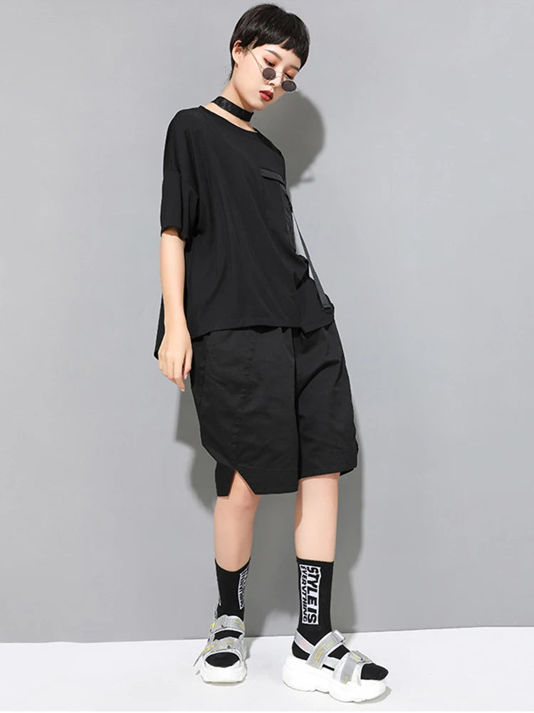 Women Black Ribbon Pocket Big Size Casual T-shirt New Round Neck Short Sleeve Fashion Tide Spring Summer 2025 1DJ1779