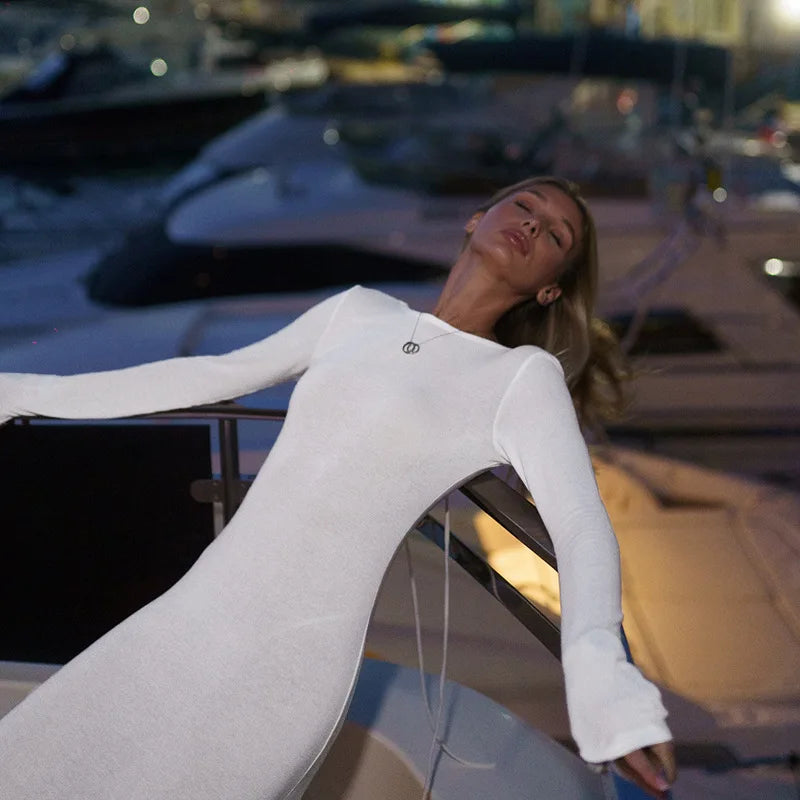 Sexy Long Sleeve Backless Bodycon Maxi Dress Women Slim High Waist Elegant O-neck Holiday Dress Ladies Outfits Autumn